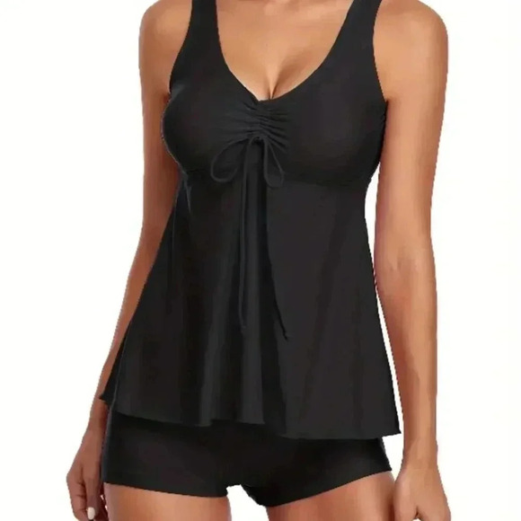 Plus Size 2 Piece Set Tankini, Drawstring Tie Front Boxer Shorts - Picture 1 of 3